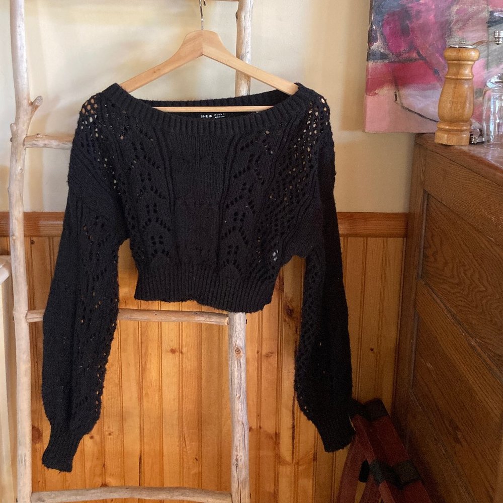 Off The Shoulder Pointelle Knit Crop Sweater Shein